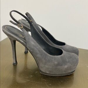 Yves Saint Laurent Gray Suede Slingback Platform Pumps